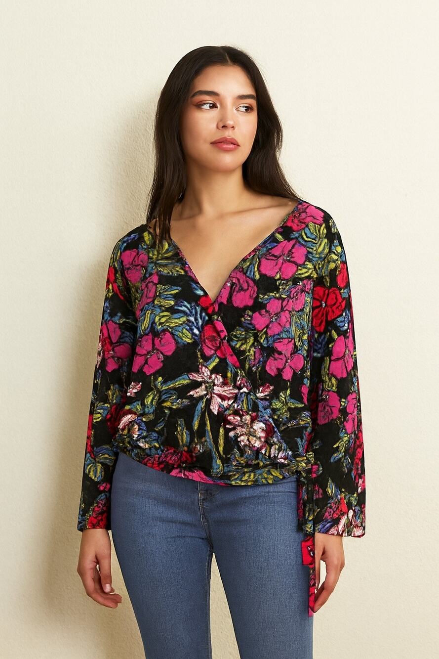 Anthropologie Tiny Finley Floral Wrap Blouse Large Black V-Neck Tie Waist  Top